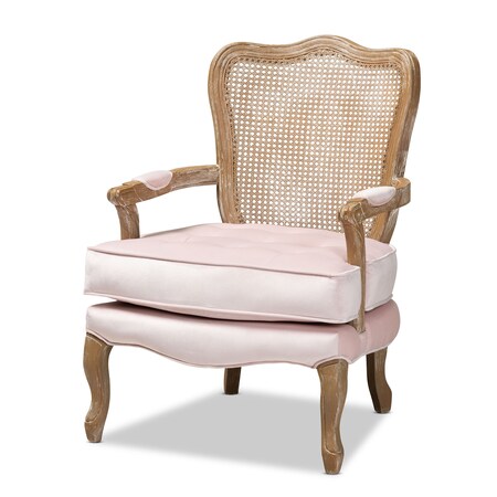Baxton Studio Vallea Pink Velvet Upholstered White-Washed Oak Wood Armchair 156-9493